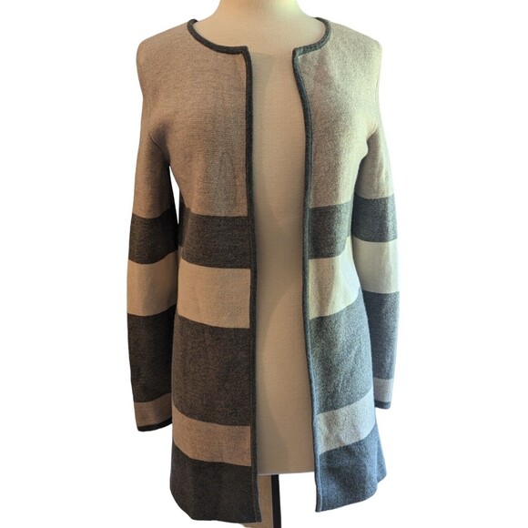 Talbots Women's Gray Color Block 100% Merino Wool Open Long Cardigan Size M - Picture 1 of 9